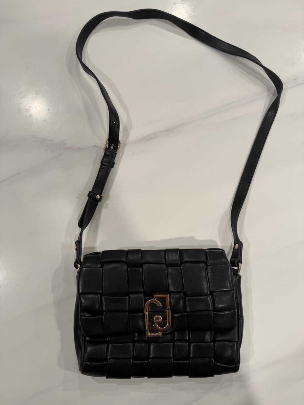 LIU JO Black Woven Leather Crossbody with Gold Logo Hardware